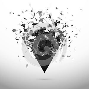 Shatter and destruction dark triangle. Explosion effect. Abstract cloud of pieces and fragments after explosion. Vector