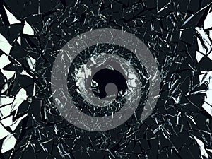 Shattered black glass: sharp Pieces and hole