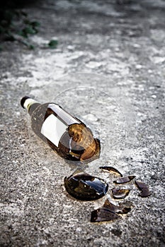 Shattered brown beer bottle resting on the ground: alcoholism co