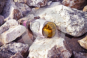 Shattered brown beer bottle resting on the ground: alcoholism co