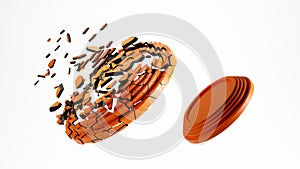 Shattered clay shooting target on white background, 3d illustration