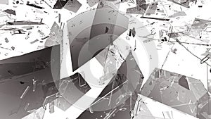 Shattered or demolished glass over white background