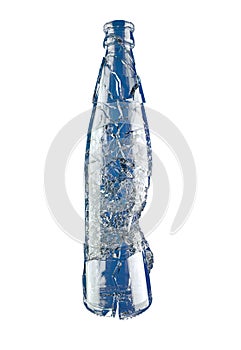 Shattered empty blue glass bottle