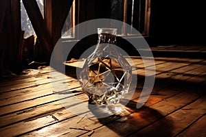 shattered flask on a dark wooden floor, clear liquid seeping into the cracks
