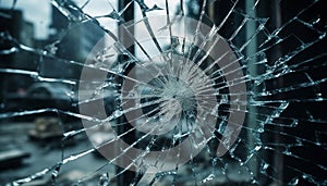 Shattered glass, demolished window, sharp steel, ruined backdrop, broken design generated by AI