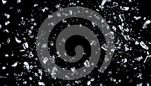 Shattered Glass Fragments Exploding on Black Background