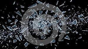 Shattered Glass Fragments Exploding on Black Background