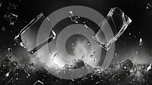 Shattered Glass Fragments Exploding in Dark Background