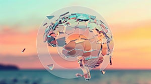 Shattered glass globe concept on pastel sunset sky. National Mental Health Awareness