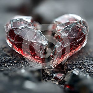A shattered glass heart lies on a gritty surface. The heart is split into two halves, photo