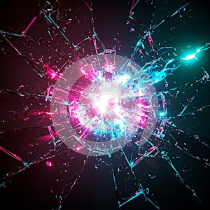 A shattered glass pattern explodes outward from a central point, illuminated by photo