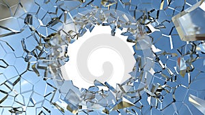 Shattered glass: sharp Pieces and hole on white