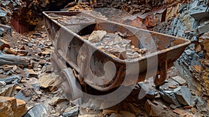 A shattered mine cart covered in layers of reddishbrown rust from years of neglect photo