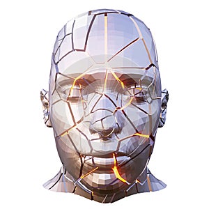 Shattered Polygonal Metal Human Head With Cracks