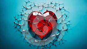A shattered red heart against a stark blue background symbolizing heartbreak, broken relationship and emotional pain