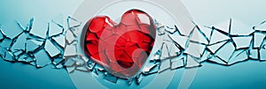 A shattered red heart against a stark blue background symbolizing heartbreak, broken relationship and emotional pain