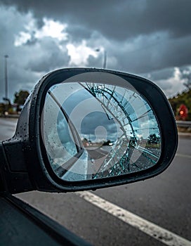Shattered Reflection in a Broken Car Mirror
