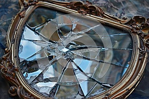 A Shattered Reflection: A Broken Ornate Mirror photo