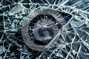 Shattered smartphone lying on broken glass