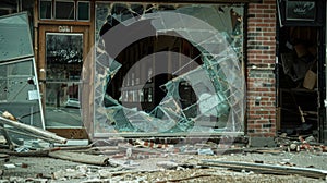 A shattered storefront with shattered glass and twisted metal a haunting reminder of the impact of a tornados