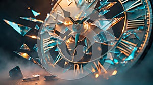 Shattered timepiece: a symbolic representation of the fragility and fleeting nature of time, moments lost, and the irreversible photo