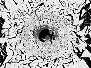 Shattered white glass pattern and hole on black