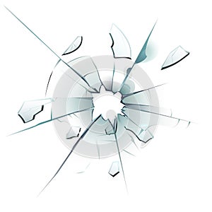 Shattered window. Cracked glass, bullet hole cracks and broken glassy surface glass shards realistic isolated vector