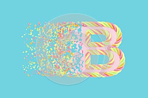 Shattering letter B 3D realistic raster illustration. Alphabet letter with marshmallow texture. Isolated design element.