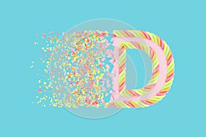 Shattering letter D 3D realistic raster illustration. Alphabet letter with marshmallow texture. Isolated design element.