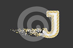 Shattering letter J 3D realistic raster illustration. Twisted letter with explosion effect on dark background.