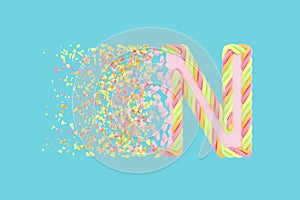 Shattering letter N 3D realistic raster illustration. Alphabet letter with marshmallow texture. Isolated design element.