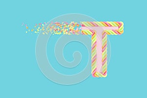 Shattering letter T 3D realistic raster illustration. Alphabet letter with marshmallow texture. Isolated design element.