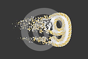 Shattering number 9 3D realistic raster illustration. Twisted number with explosion effect on dark background.
