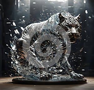 Shattering sculpture of angry tiger made of platinum glass