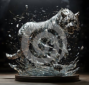 Shattering sculpture made of platinum glass roaring tiger