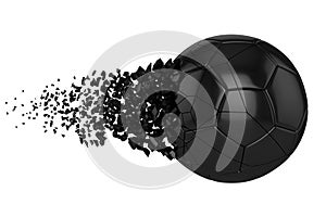 Shattering soccer ball 3D realistic raster illustration. Football ball with explosion effect. Broken isolated design element