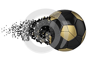 Shattering soccer ball 3D realistic raster illustration. Football ball with explosion effect. Isolated design element.