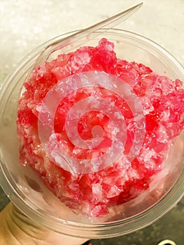 Shaved ice strawberry Sweet red grenadine sugar syrup. Thai sweet desserts