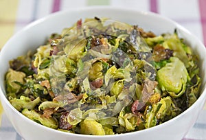 Shaved roasted brussels sprouts with crumbled bacon