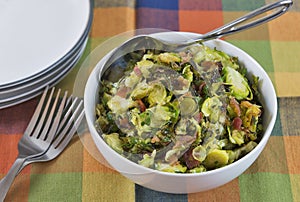 Shaved roasted brussels sprouts with crumbled bacon