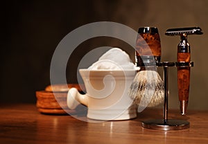 Shaving accessories on a Luxury wooden background.