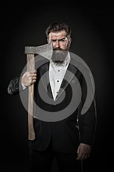 Shaving dangerous axe. Sharp blade. Grow mustache. Growing and maintaining moustache. Man with mustache. Beard and
