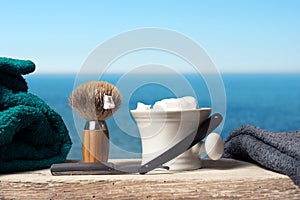 Shaving Equipment on wood in Landscape