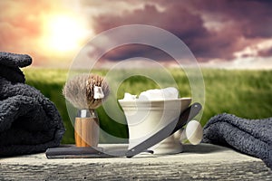 Shaving Equipment on wood in Landscape