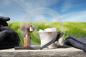 Shaving Equipment on wood in Landscape