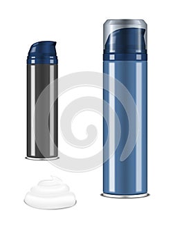 Shaving foam bottle, realistic vector illustration. Tinplate cosmetic container. Template