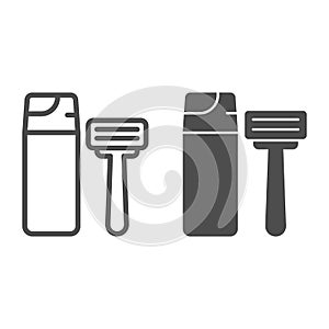 Shaving foam and razor line and solid icon, Hygiene routine concept, Men skincare products sign on white background