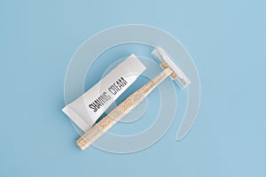 Shaving kit set, bathroom accessories, isolated on blue background