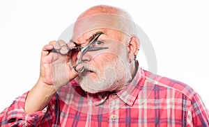 Shaving tool kit. mature bearded man isolated on white. cut hair with scissors. unshaven old man has moustache and beard