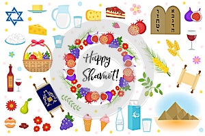 Shavuot icons set, flat style. Collection design elements on the Jewish holiday Shavuot with milk, fruit, torus photo